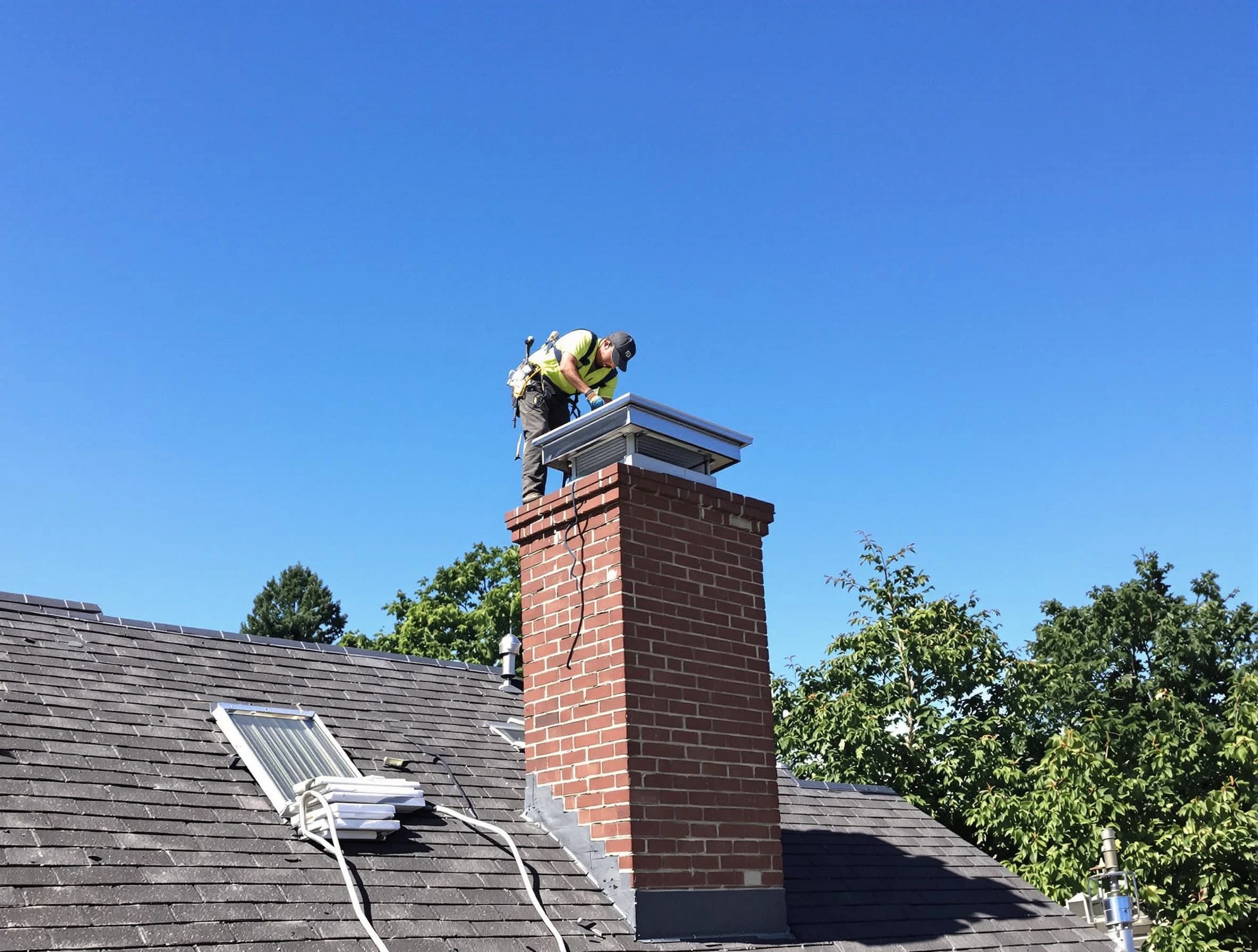 Newark Chimney Sweep technician measuring a chimney cap in Newark, NJ