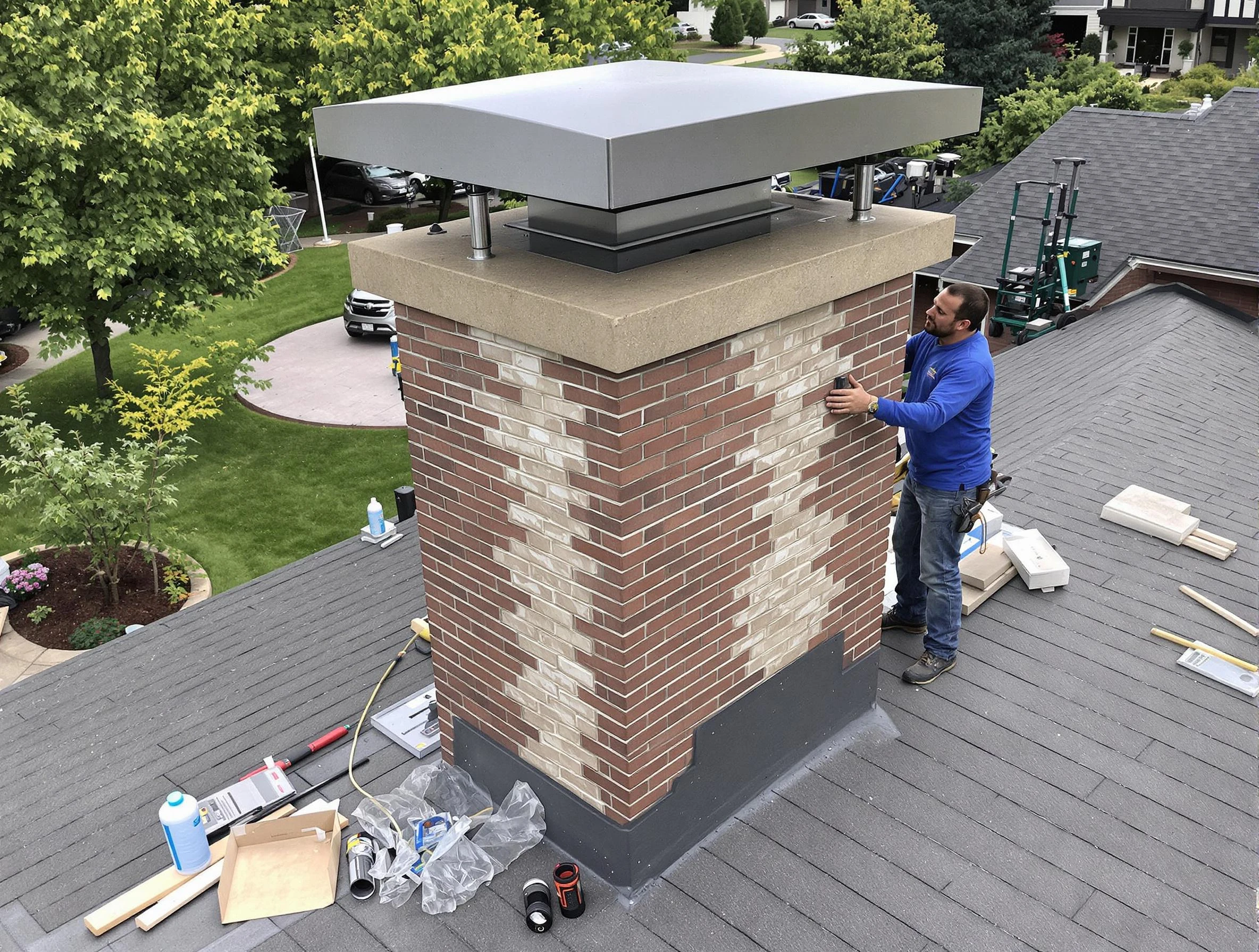 Newark Chimney Sweep team working on a custom chimney remodel in Newark, NJ